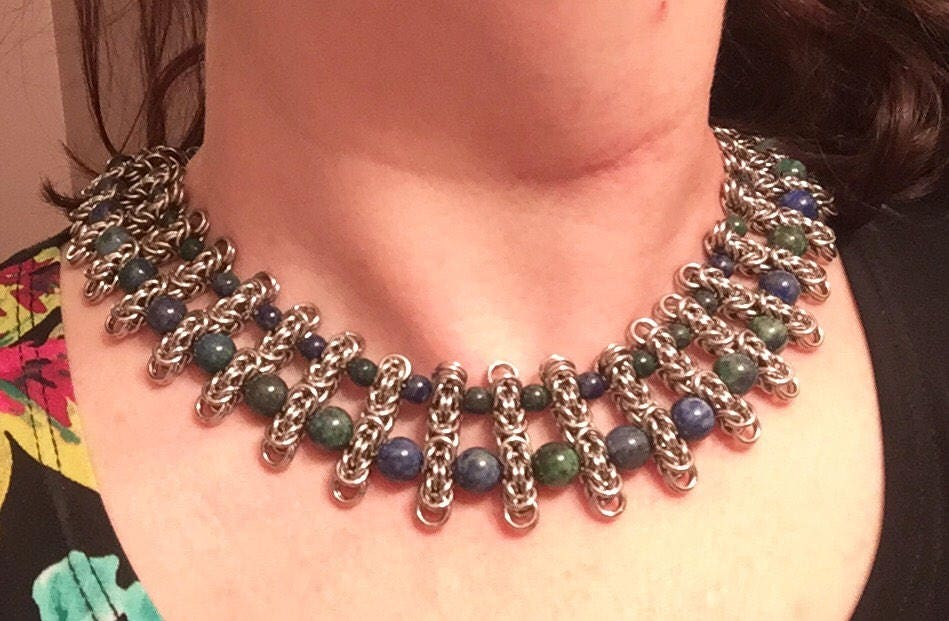 Stainless steel byzantine with azurite beads collar necklace