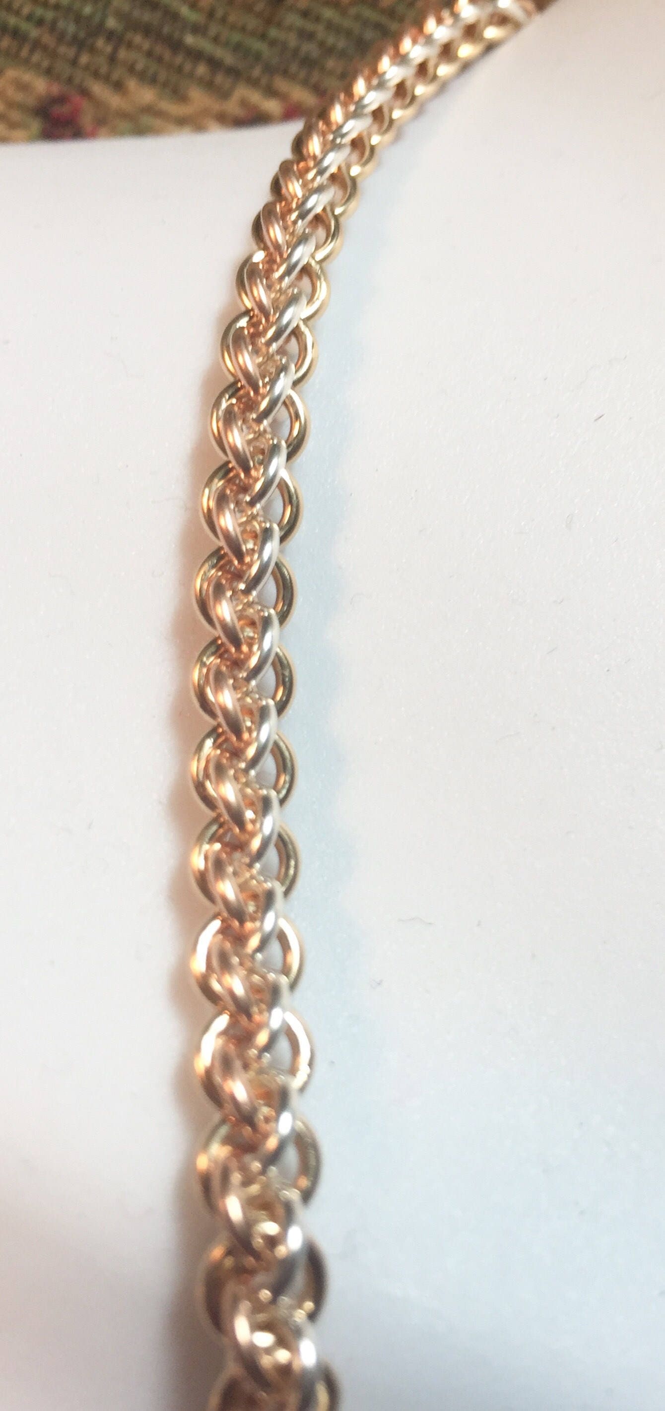 Sterling silver, rose gold and yellow gold Chainmaille Jens Pind Linkage (JPL 3) tri-metal neclace chain