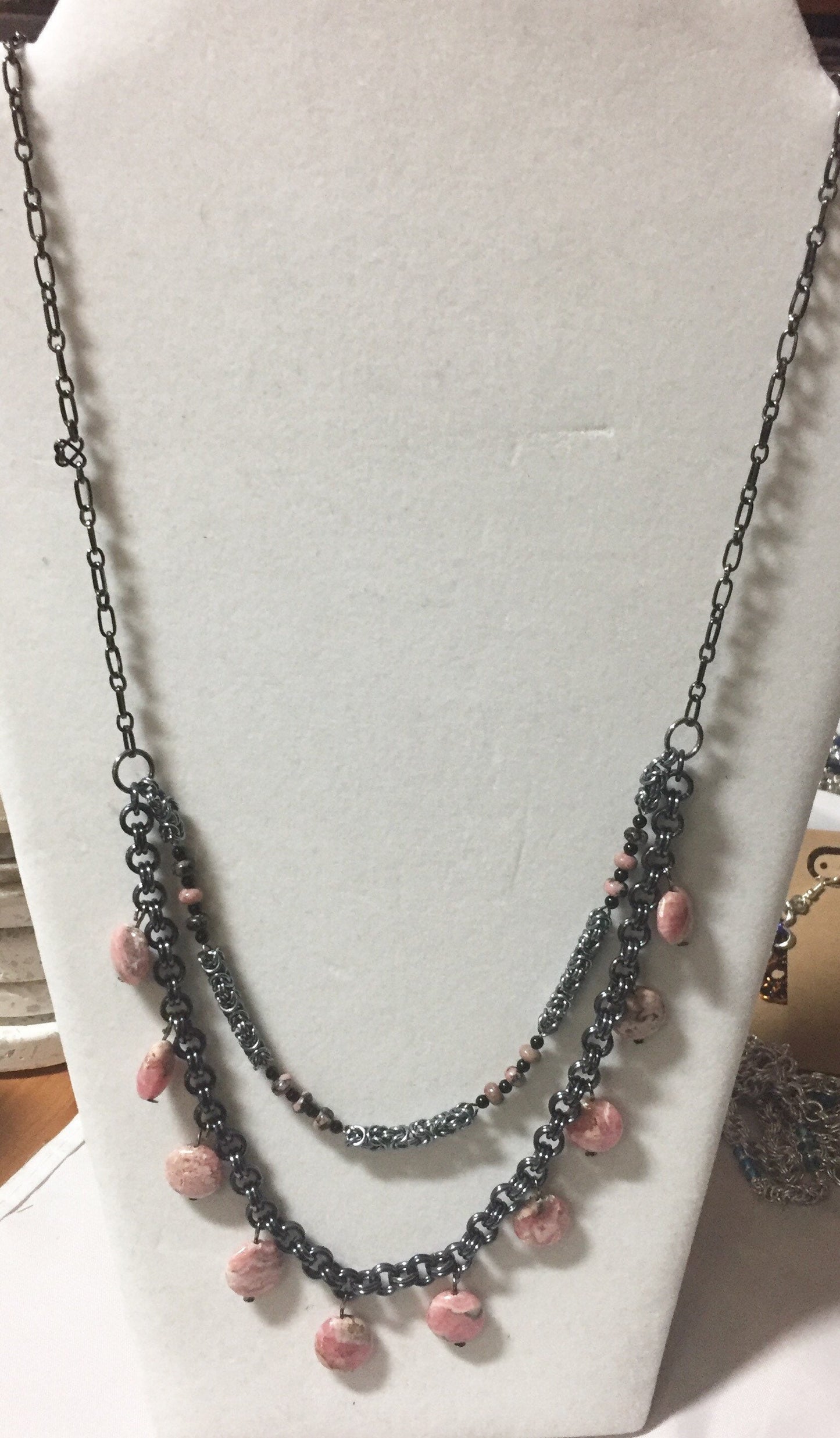Long multi-layered necklace with chainmaille, rhodonite and rhodochrosite gemstones