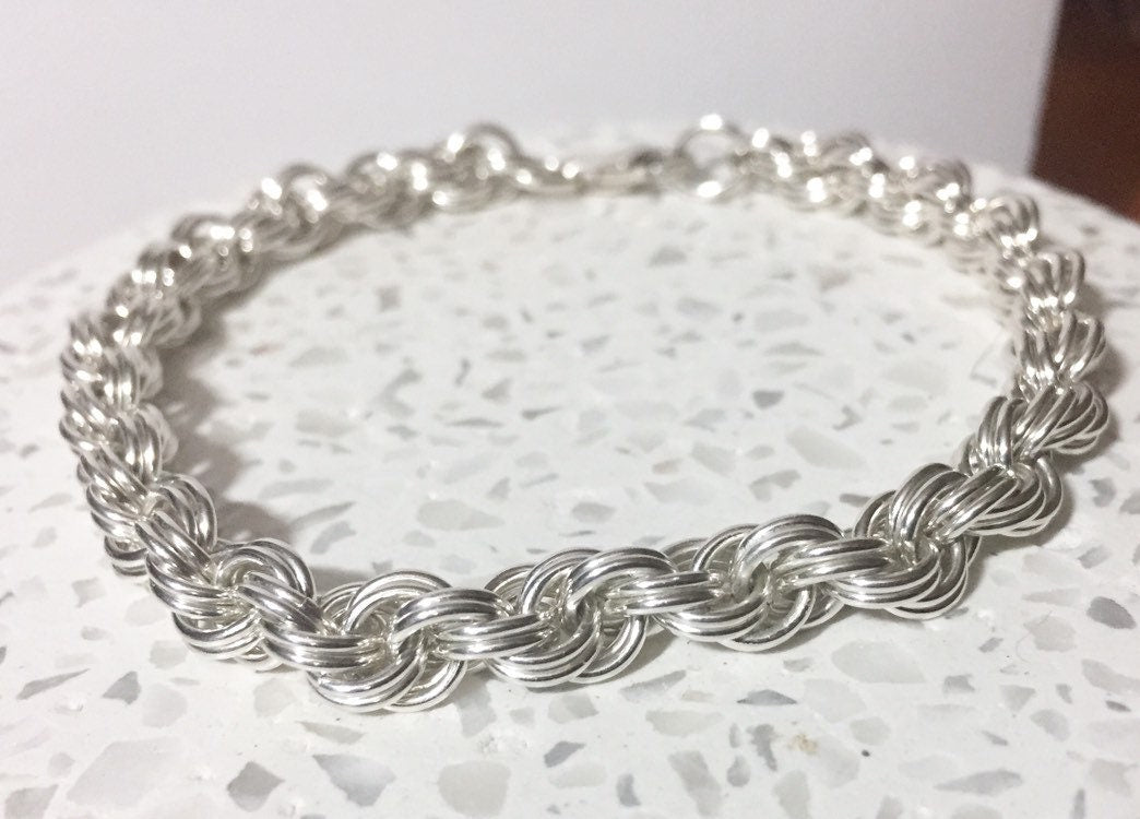 Sterling Silver Chainmaille Double Spiral Rope Chain Bracelet