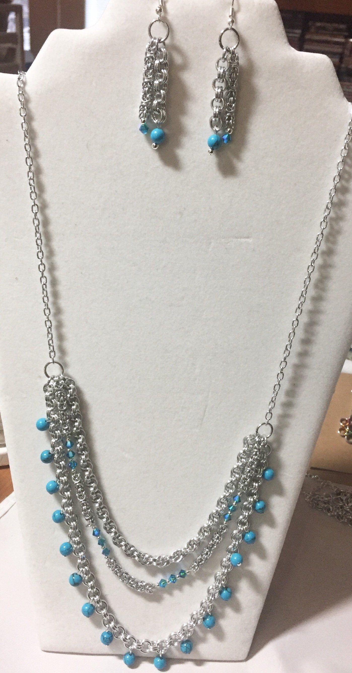 Multi-strand long necklace, Chainmaille, turquoise