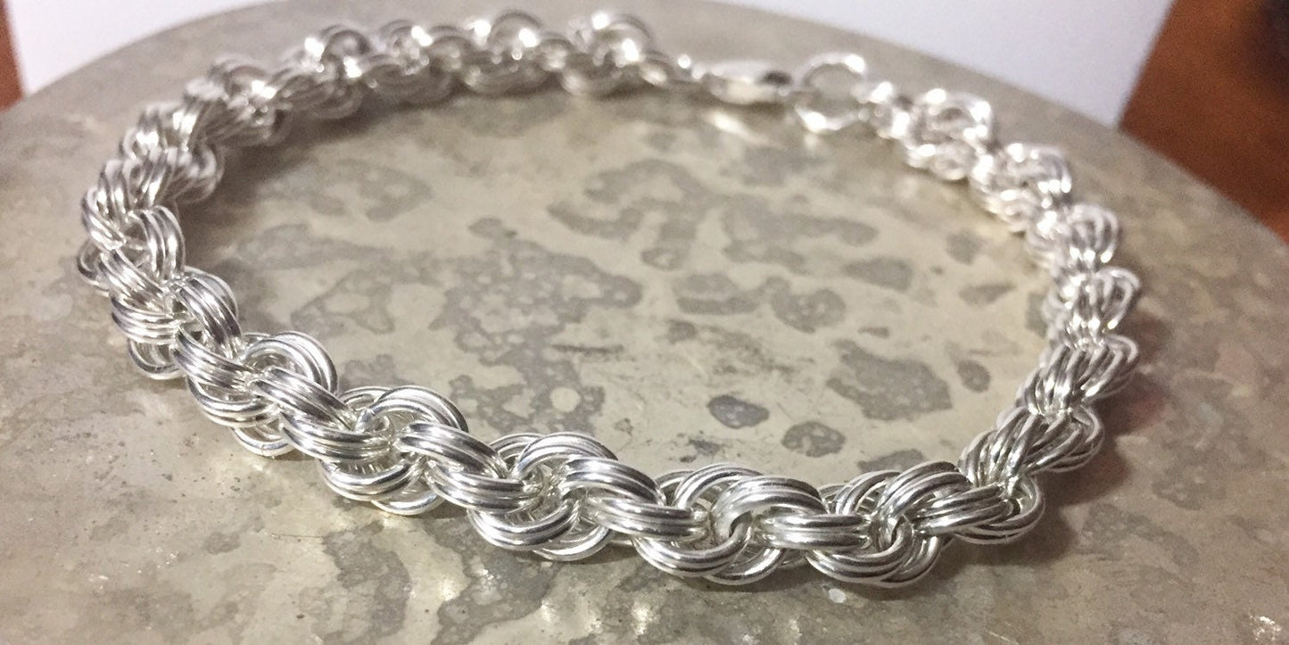 Sterling Silver Chainmaille Double Spiral Rope Chain Bracelet