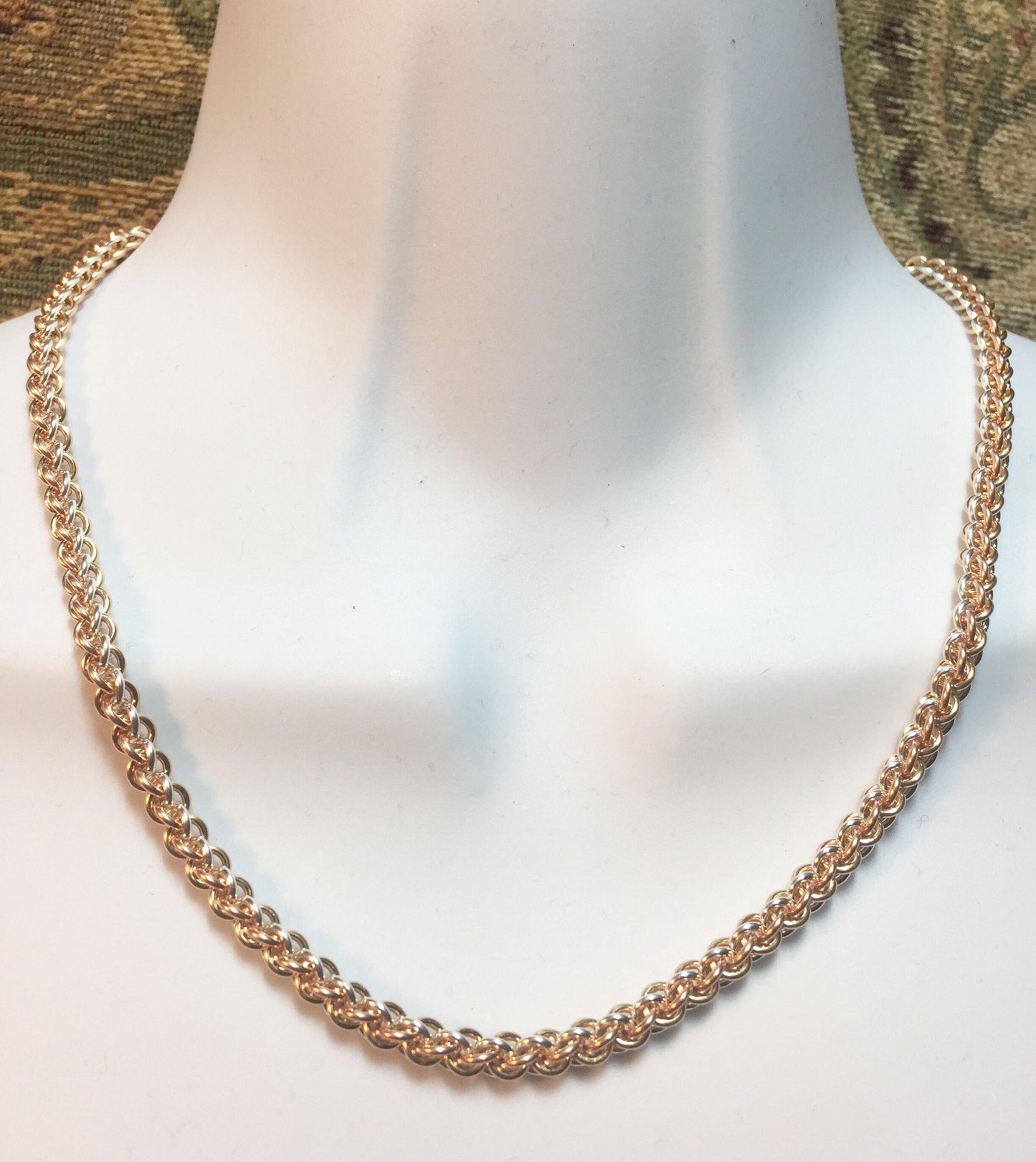 Sterling silver, rose gold and yellow gold Chainmaille Jens Pind Linkage (JPL 3) tri-metal neclace chain