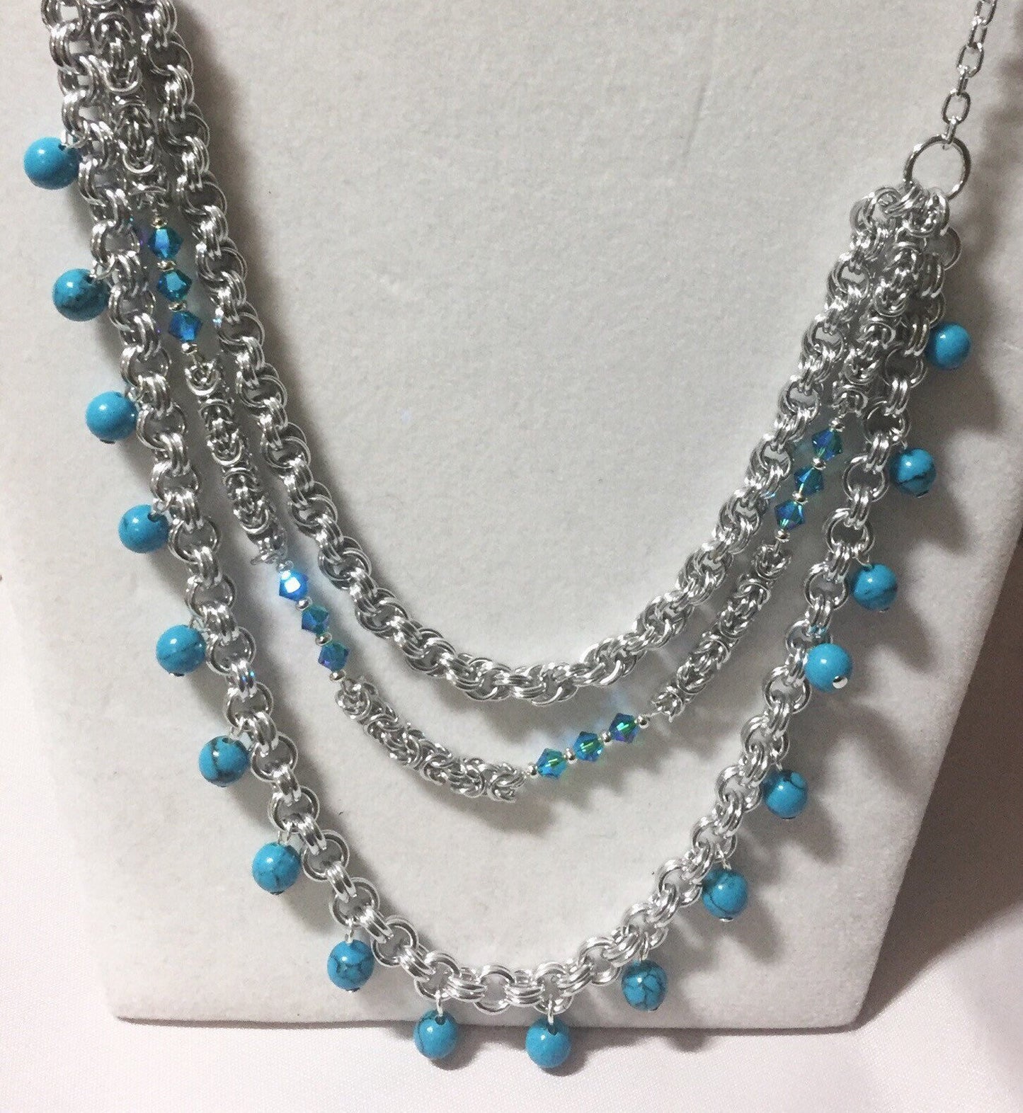 Multi-strand long necklace, Chainmaille, turquoise