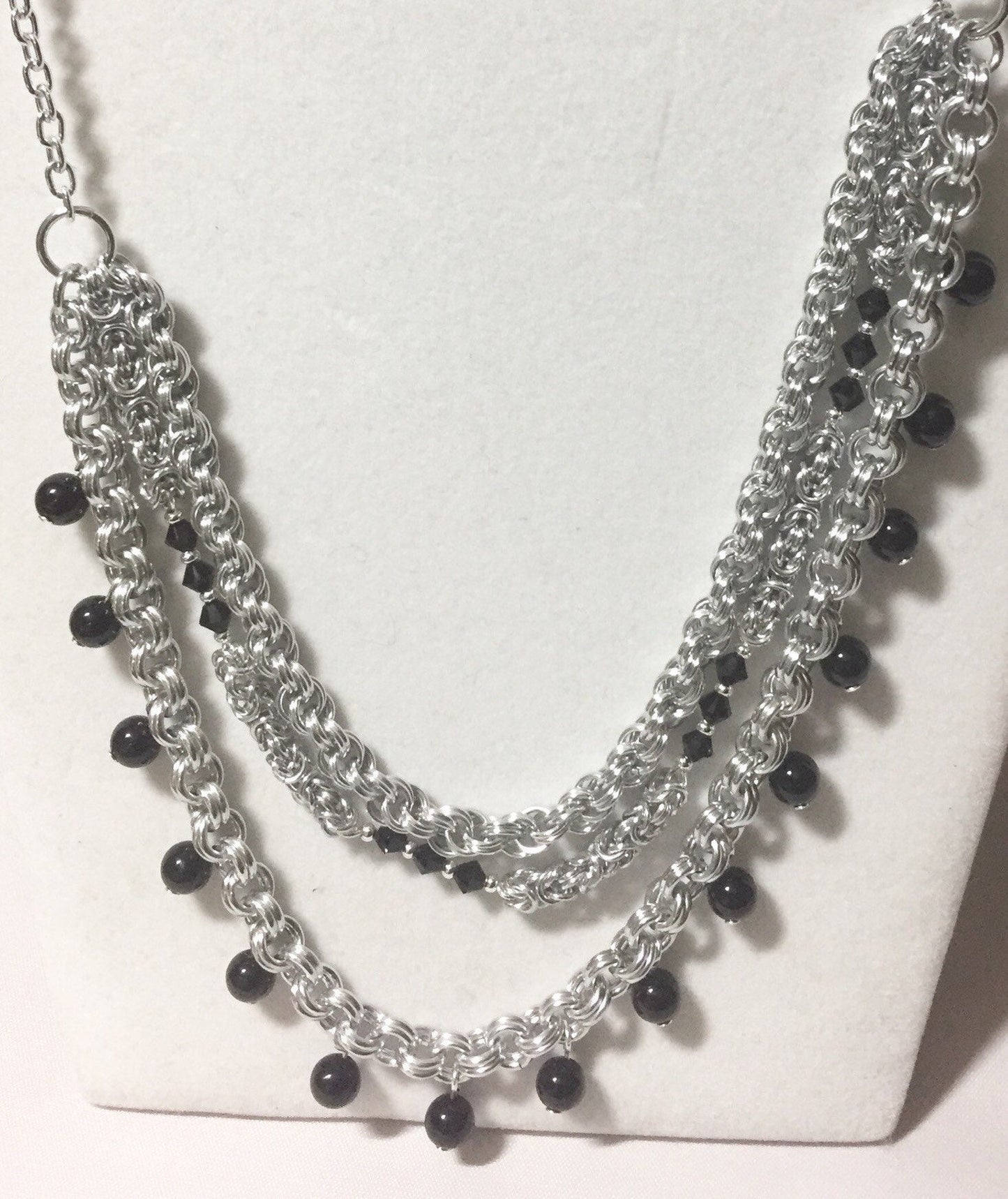 Multi-strand long necklace, Chainmaille, onyx