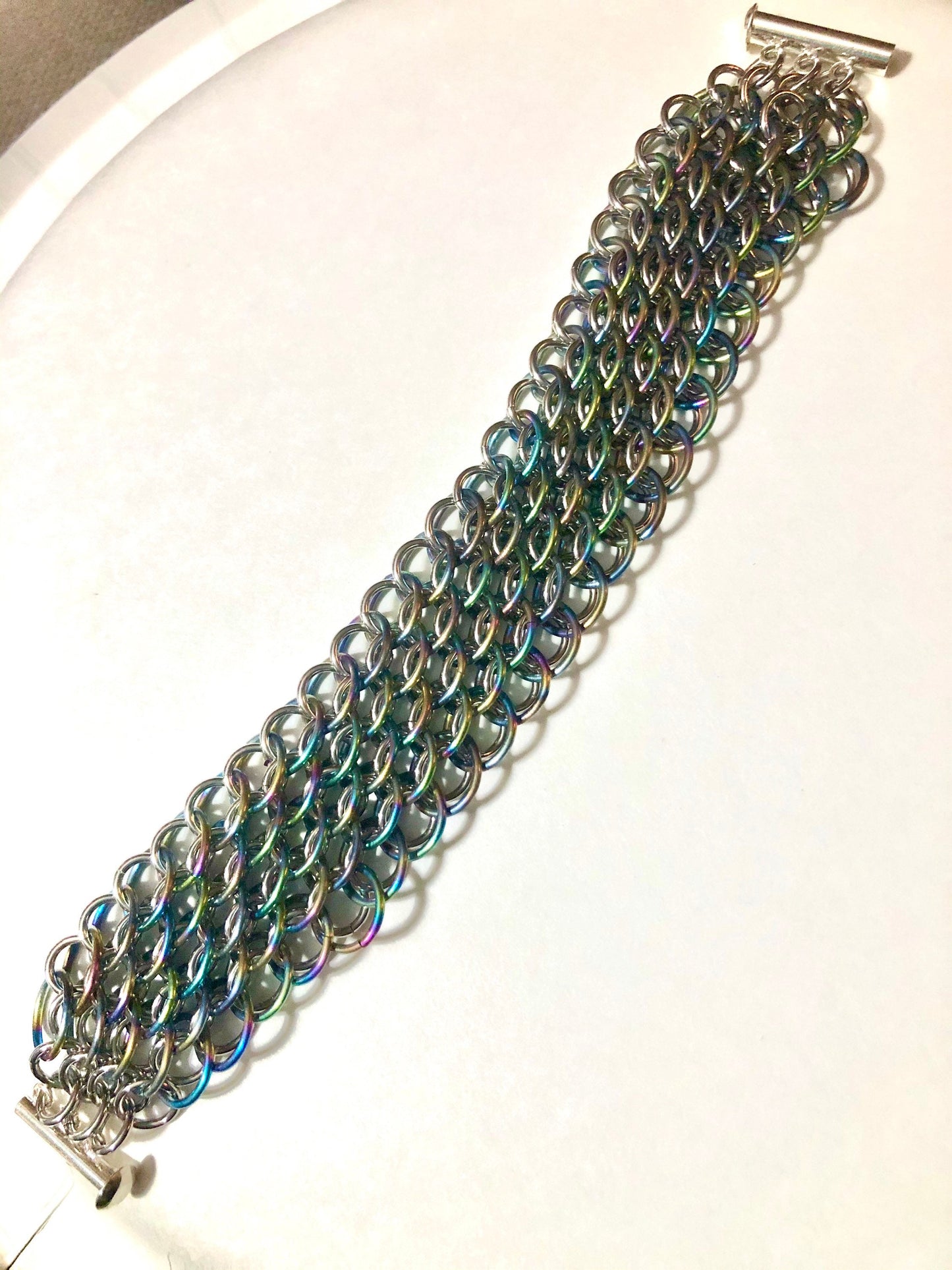 Rainbow Anodized Niobium and stainless steel chainmaille dragonscale bracelet