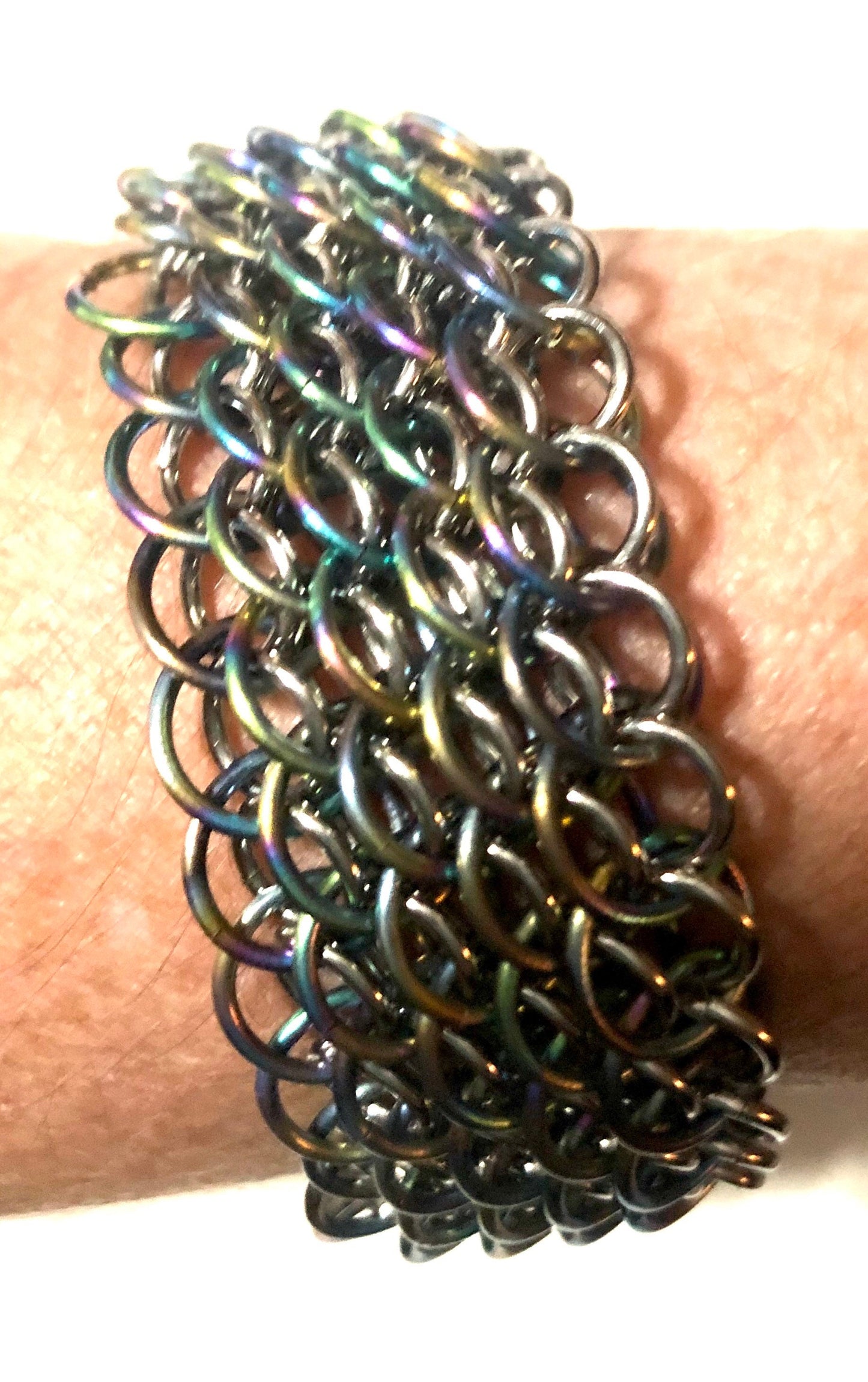 Rainbow Anodized Niobium and stainless steel chainmaille dragonscale bracelet