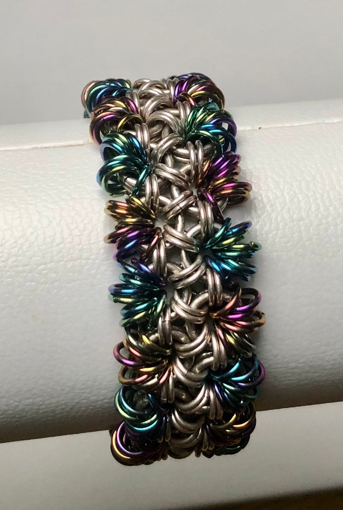 Chainmaille Japanese Weave sterling silver bracelet with niobium coiling