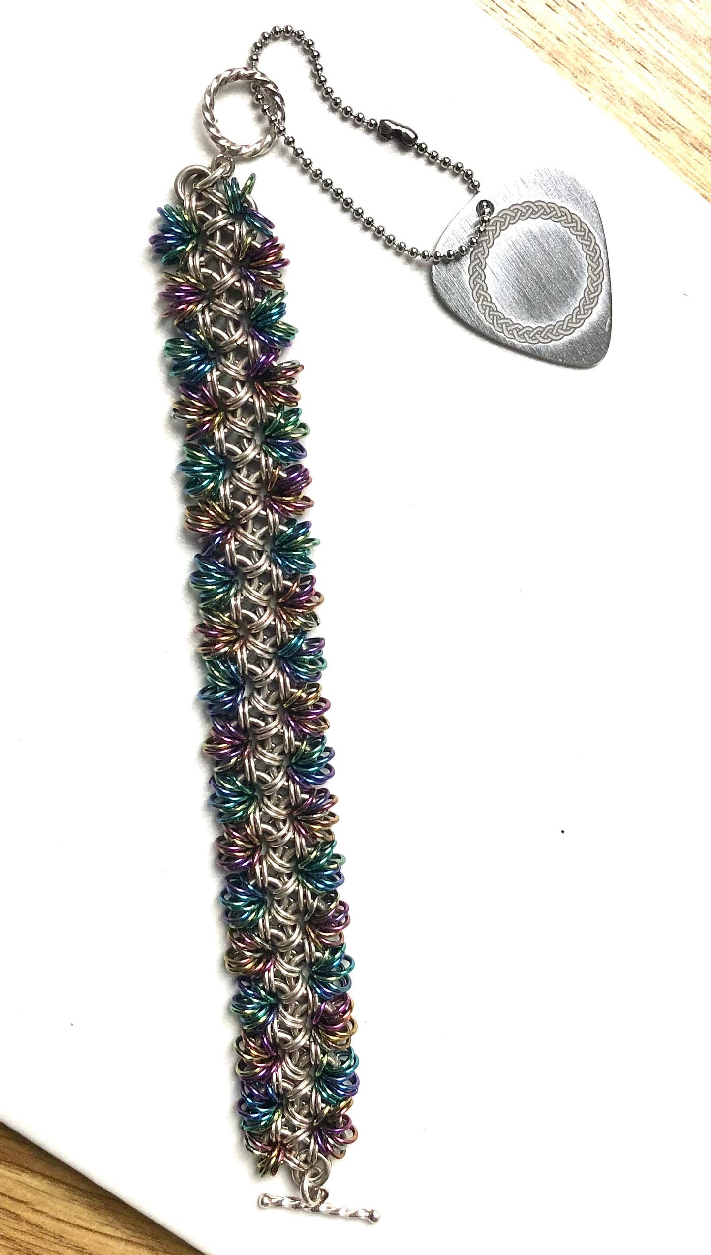 Chainmaille Japanese Weave sterling silver bracelet with niobium coiling