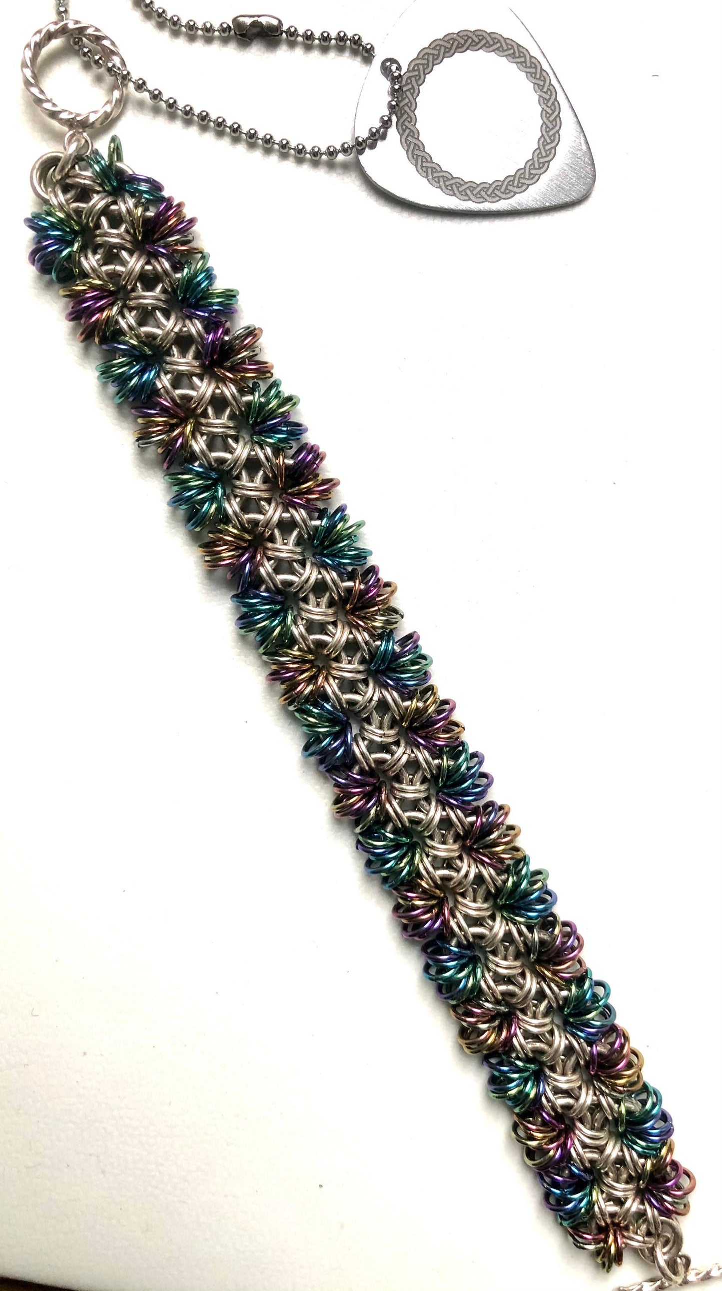 Chainmaille Japanese Weave sterling silver bracelet with niobium coiling