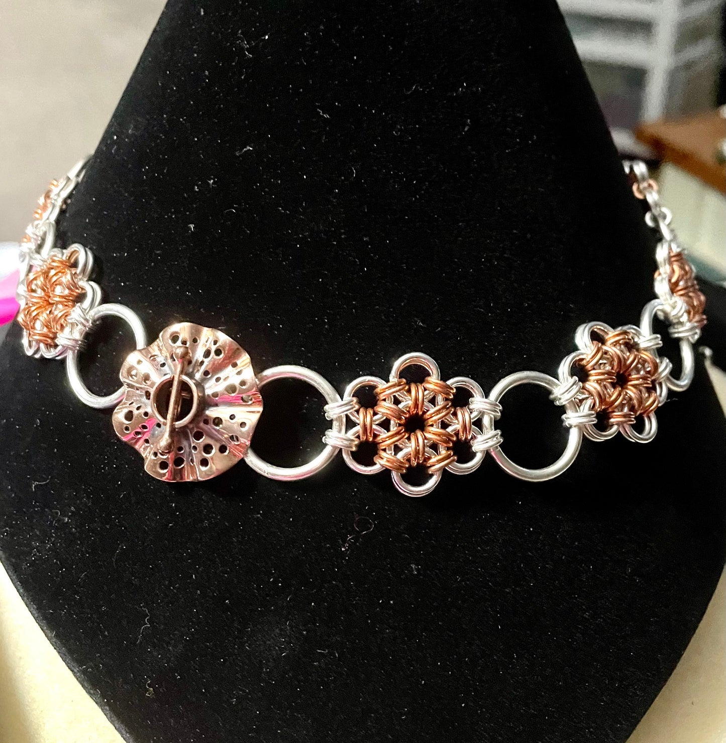 Sterling Silver and Copper Japanese weave Chainmaille necklace with Shibuichi clasp