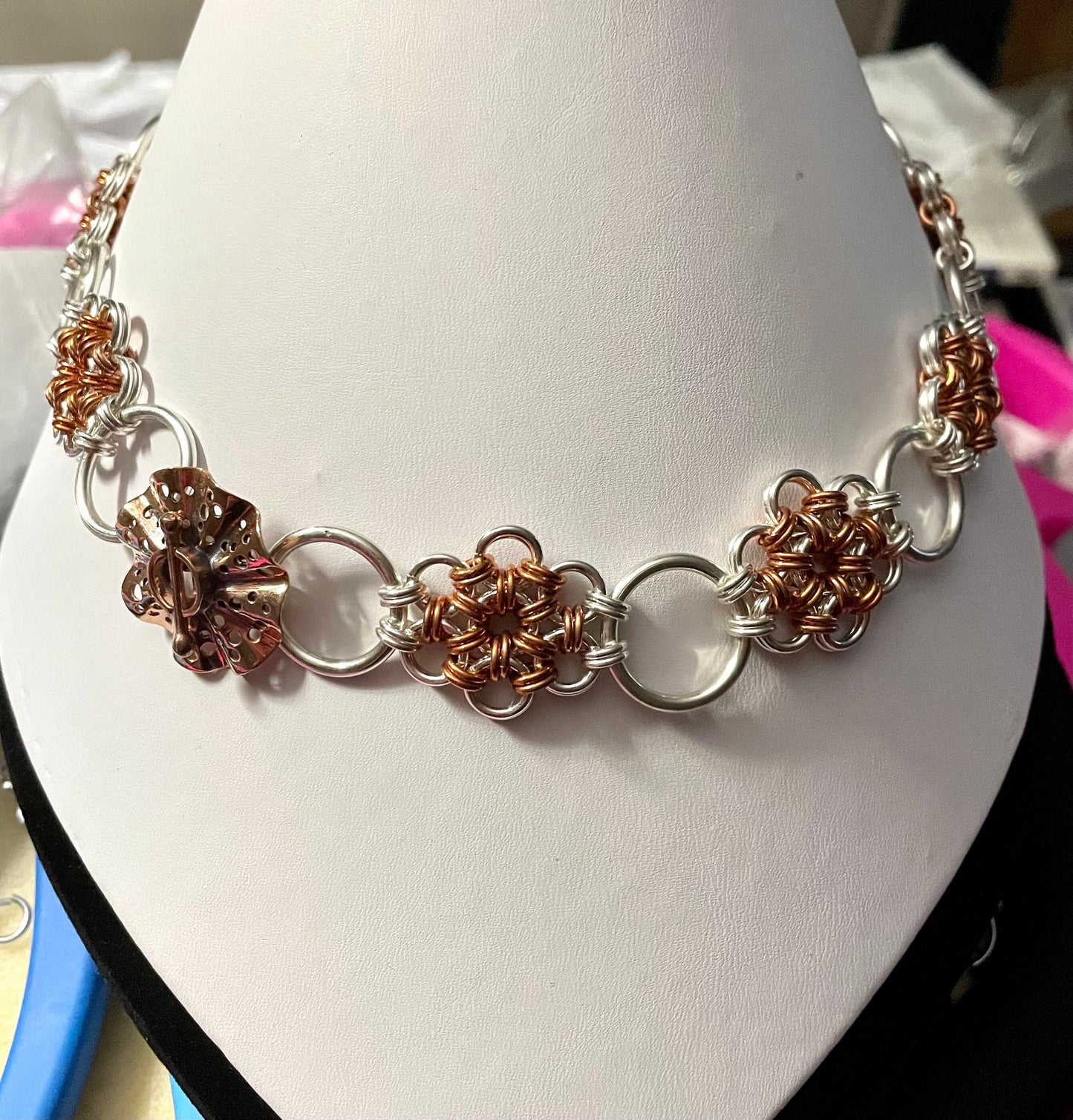 Sterling Silver and Copper Japanese weave Chainmaille necklace with Shibuichi clasp