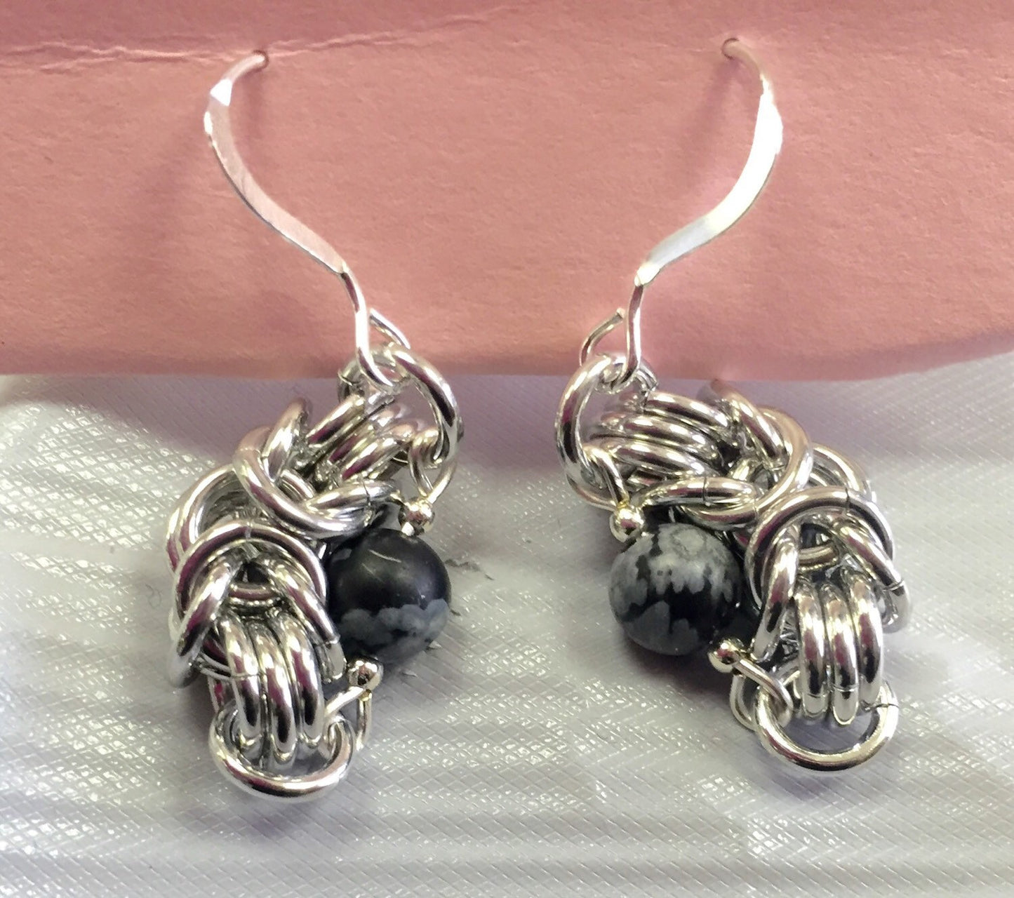 Snowflake Obsidian and byzantine chainmail earrings