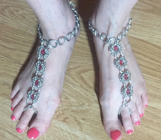 Beach sandal, byzantine chainmail with pink Swarovski crystals