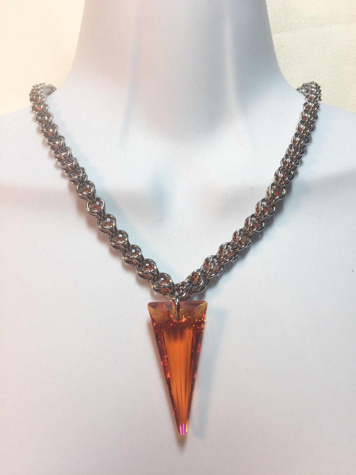 18” Necklace with Astral Pink Swarovski 4mm crystal captured in Stainless steel with Astral Pink Swarovski spike pendant-matching earrings