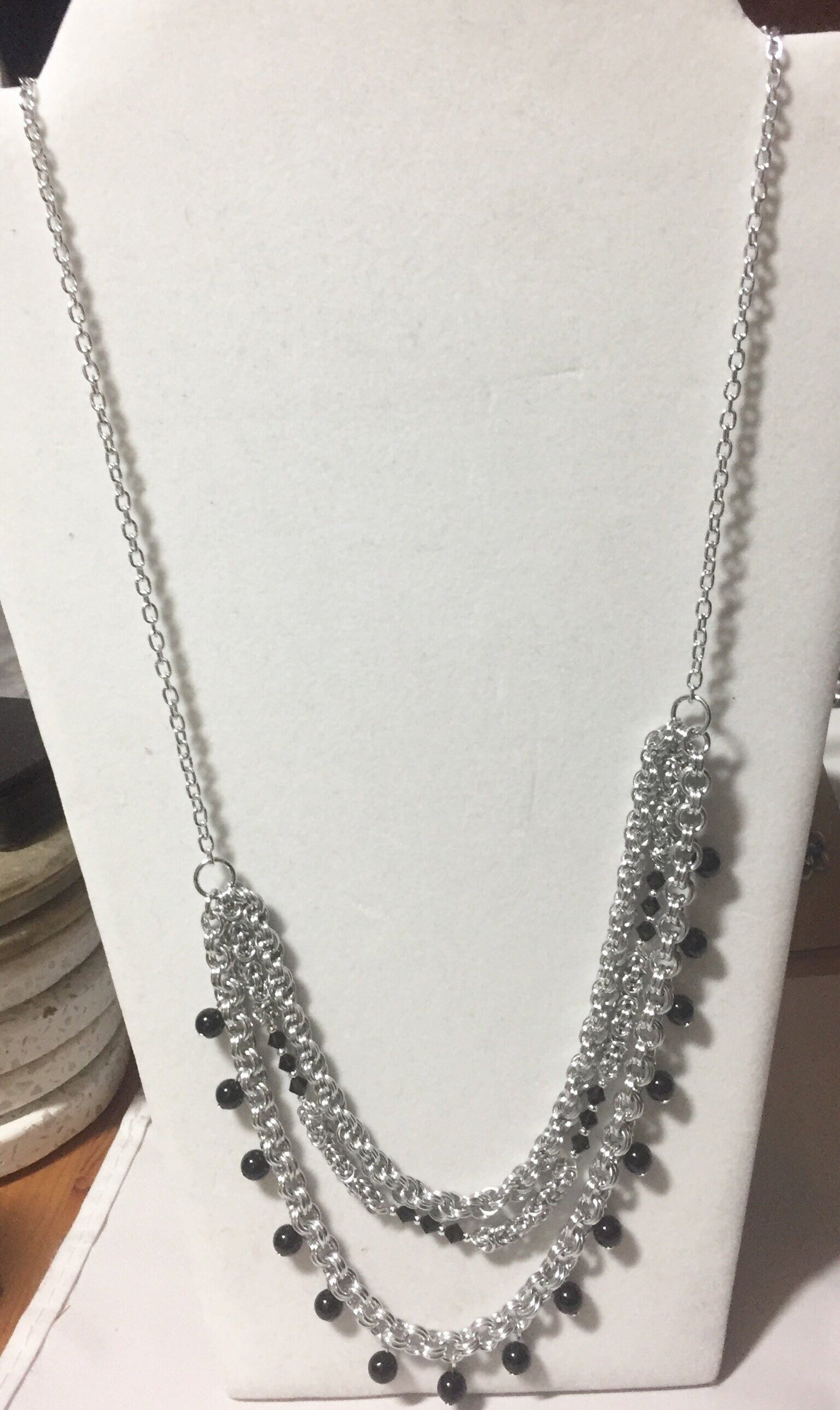 Multi-strand long necklace, Chainmaille, onyx