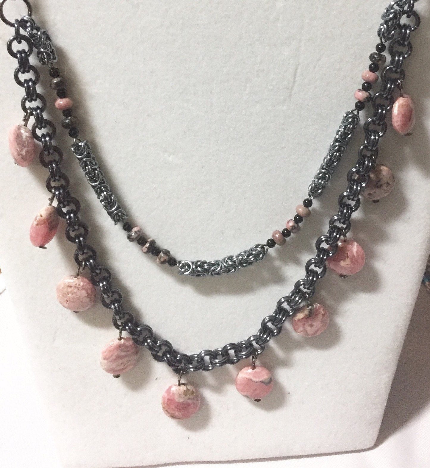 Long multi-layered necklace with chainmaille, rhodonite and rhodochrosite gemstones
