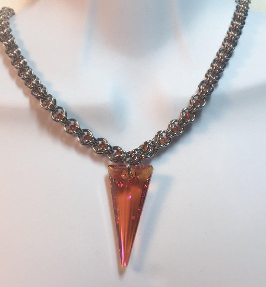 18” Necklace with Astral Pink Swarovski 4mm crystal captured in Stainless steel with Astral Pink Swarovski spike pendant-matching earrings