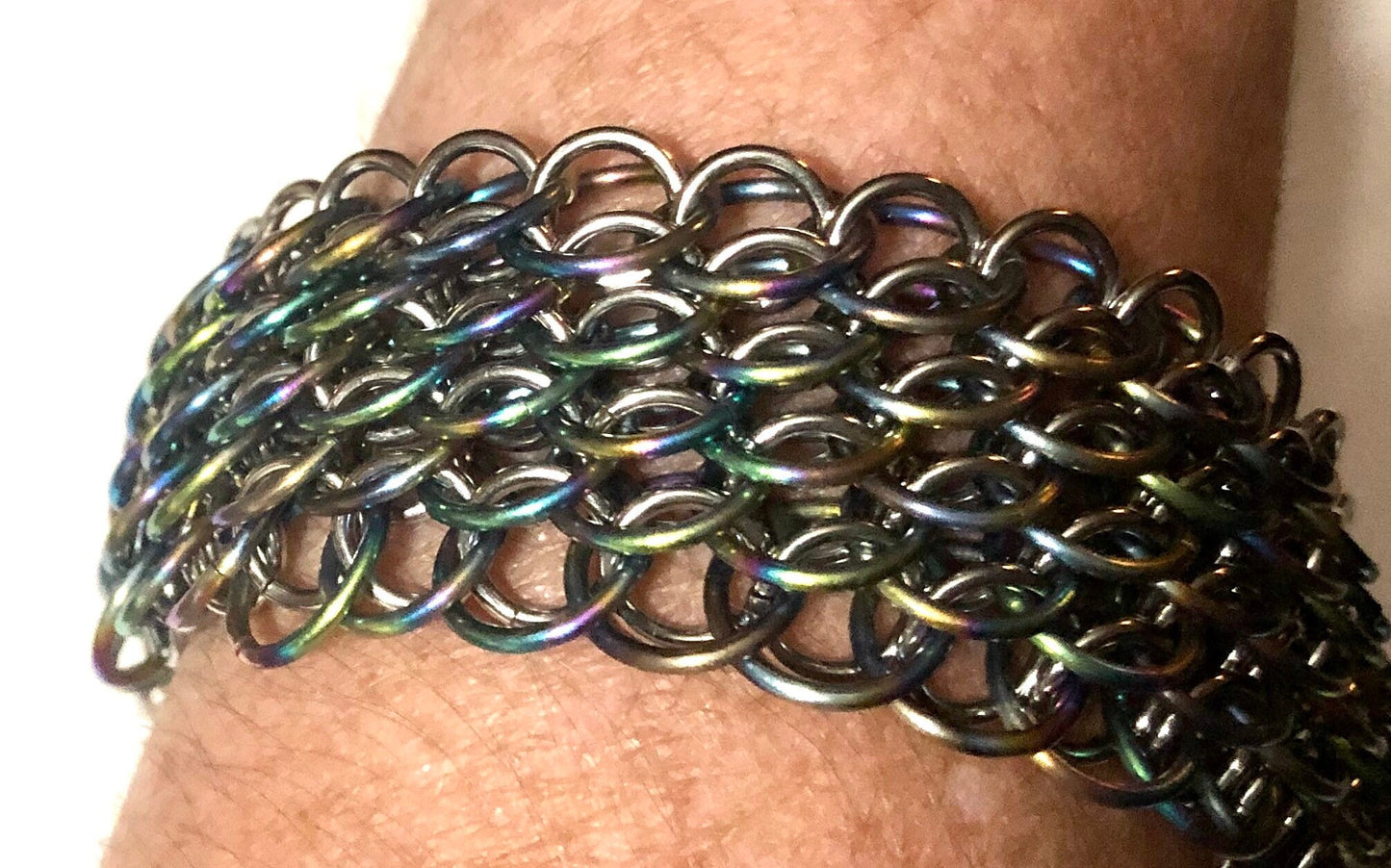 Rainbow Anodized Niobium and stainless steel chainmaille dragonscale bracelet